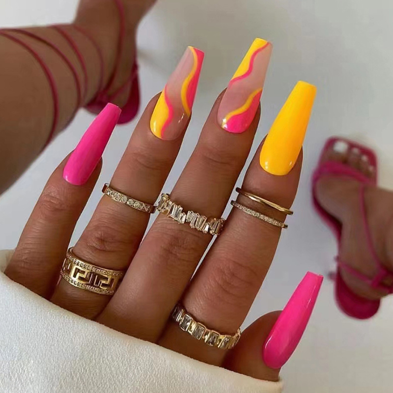 W146 24 Pcs Glossy Press on Nails, Super Long Coffin French Line Contrast Color Fake Nails, Full Cover Artificial False Nails for Women and Girls