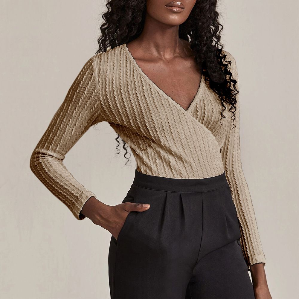 CTBH0610 Women's Spring/Summer Solid Color Knitted T-Shirt V Neck Slim Fit Top