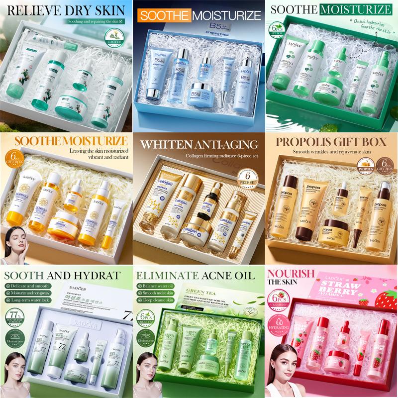 9 Types of 6-Piece Skincare Gift Sets, Multi-Effect Hydrating, Soothing, Brightening & Anti-Aging Facial Care Kits for All Skin Types, Complete Daily Cleanser, Toner, Lotion, Cream, Serum & Eye Cream Sets