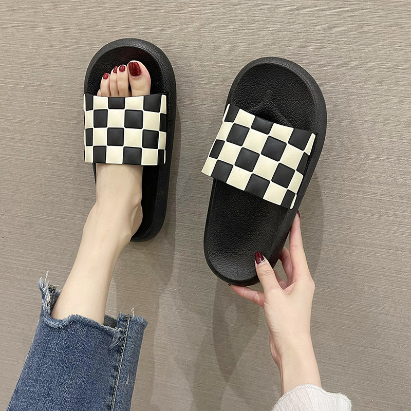 Women's Plaid Open Toe Slide Slippers Slides Bathroom Flat Indoor Summer Slip-on House Shoes Spa Sandals