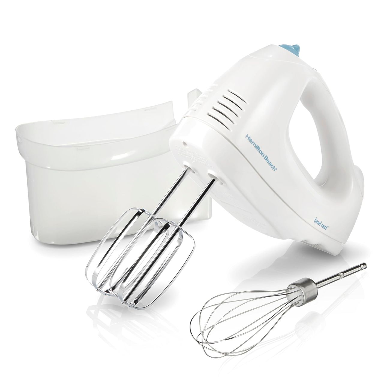 6-Speed Electric Hand Mixer with Whisk, Traditional Beaters, Snap-On Storage Case, 250 Watts, White