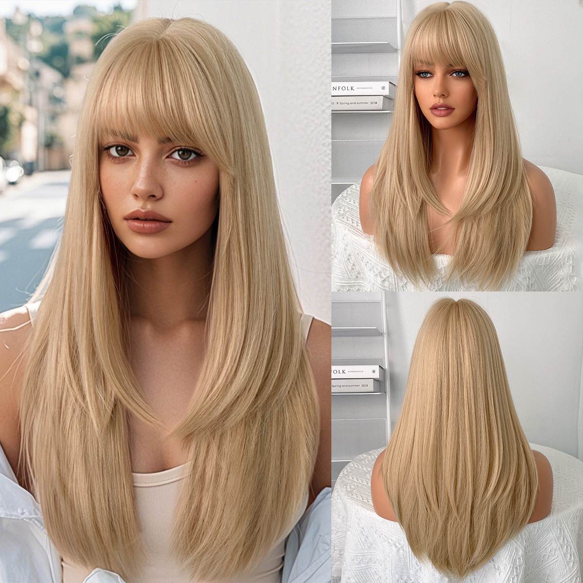 Beige long hair wig, lady's straight hair with bangs, layered wig, full-head hairstyle, chemical fiber wig