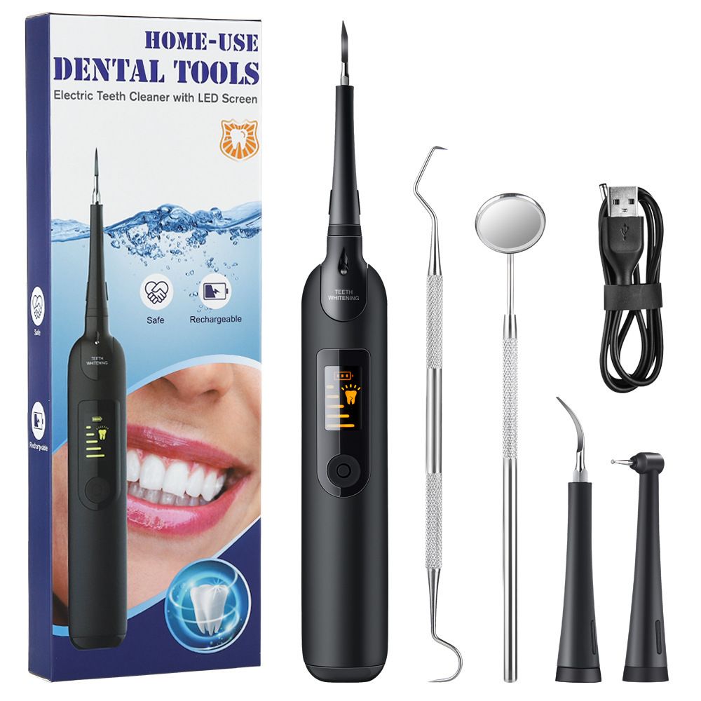 Home electric toothbrush dental plaque remover dental scaler dental plaque remover with LED light and 5 modes, rechargeable dental cleaner, 4 replaceable heads dental care cleaning tool