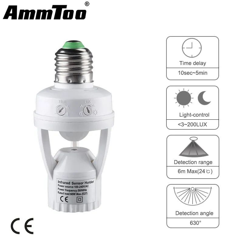 Smart E27 PIR Motion Sensor Light Switch 110V 220V Detector Base Lamp Holder Lux Time Delay Adjust Control Bulb Socket