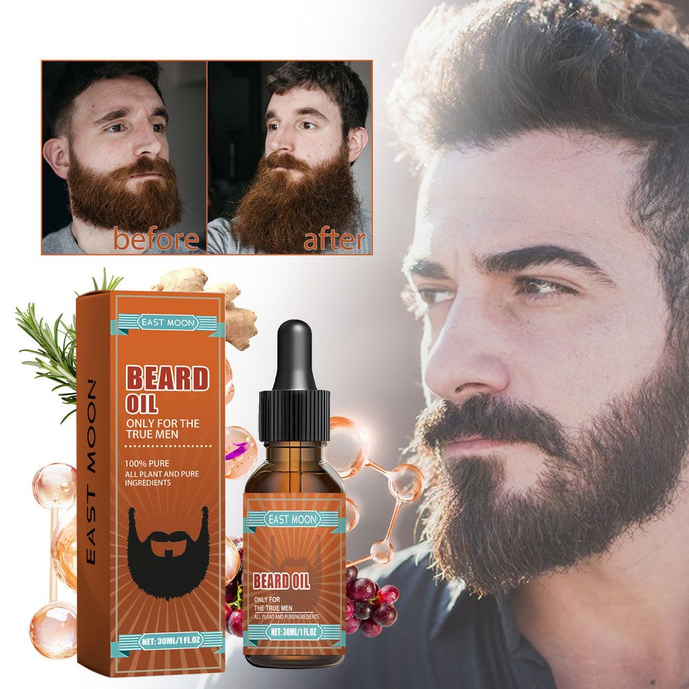 EAST MOON Beard Growth Oil For Men Natural Organic Beard Care Fast Growth Shine Soften Beard Strengthens Mustaches Smooth Nourishing