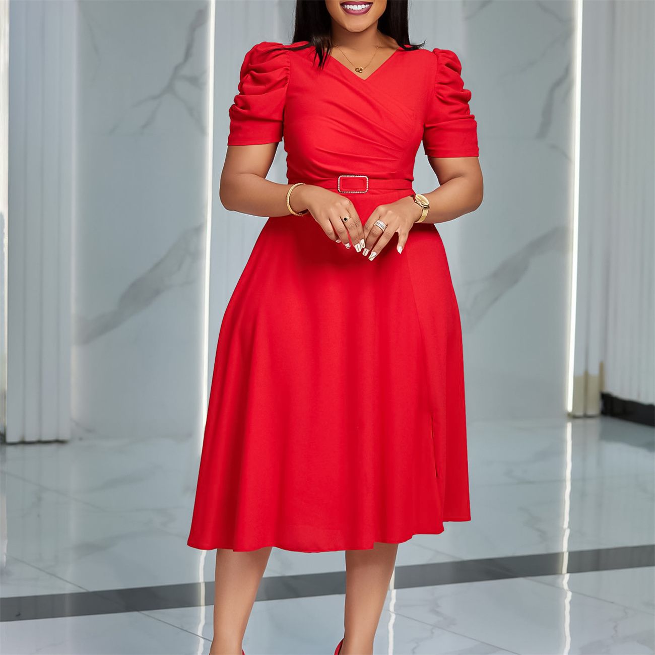 D490 women's summer new fashion temperament elegant V-neck pleated skirt dress
