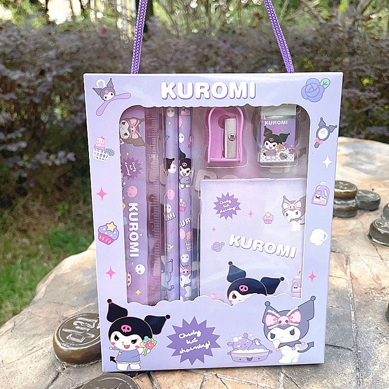 Kawaii Sanrio Painting Primary Stationery Set Kuromi Melody Cinnamoroll POM POM Cartoon Pencil Eraser Pencil Case Student Gifts