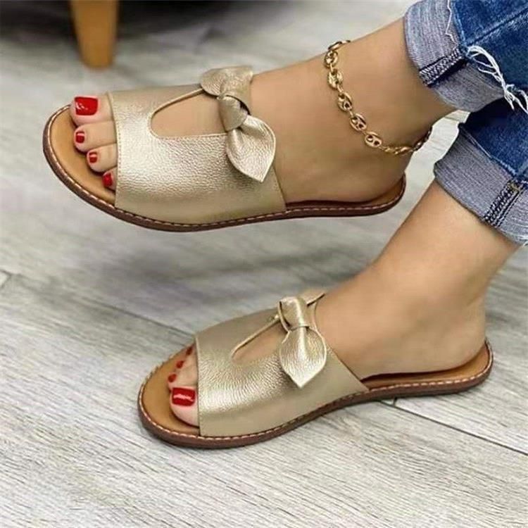 MT&301 Women's Summer New Bow Hollow Slippers Solid Color Flat Bottom Slippers