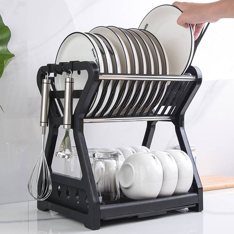 5730 New Double-layer Kitchen Dish Bowl Draining Storage Rack with Chopstick Cage Household Tableware Organizer Tray Box Basket