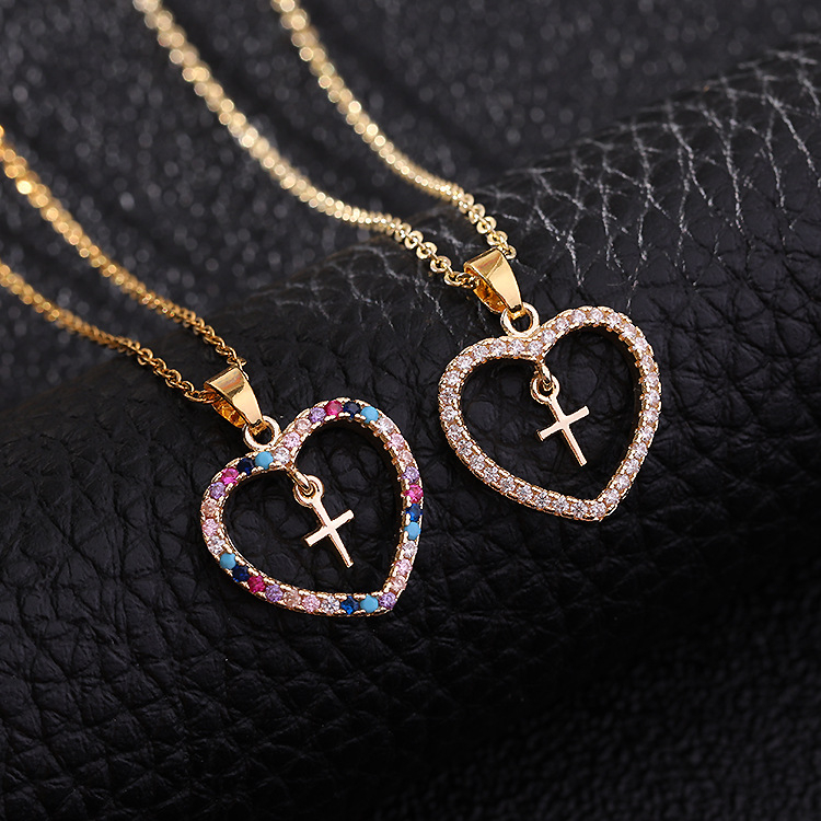 Necklace male female couples jewelry Europe and America fashion New Jewelry love Micro inlaid colored zircon geometry cross Pendant Heart shaped necklace CRRSHOP men women Colorful gold necklace lovers 