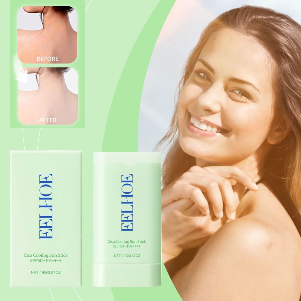EELHOE Cica Cooling Sunscreen Stick SPF50+ PA++++ UV Protective Prevent Sunburn Oil-control Protector Solar Refreshing Matte Solid Sunscreen