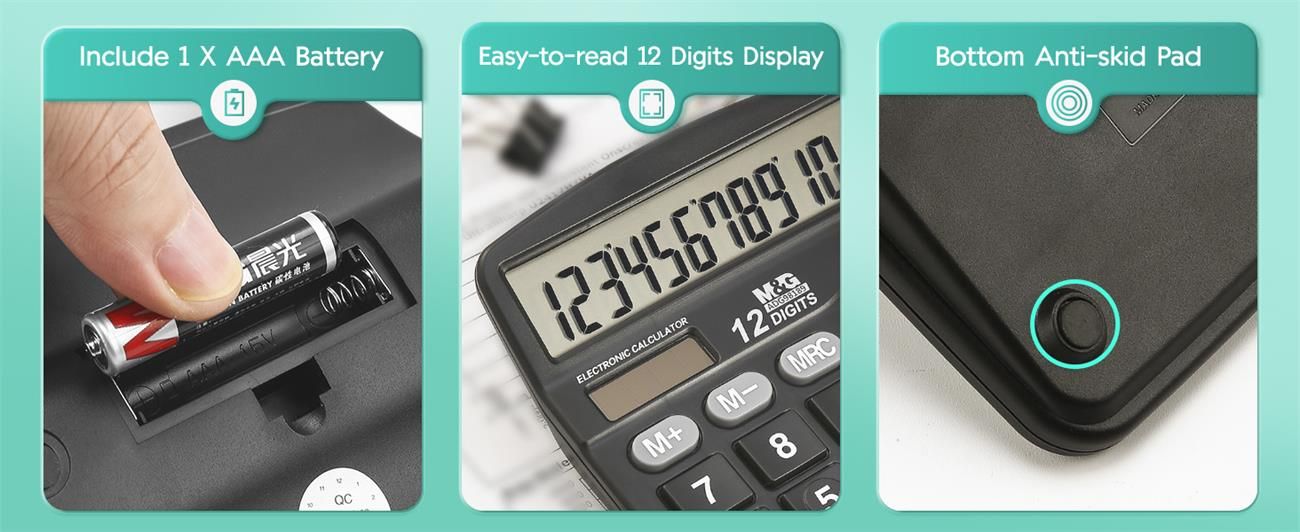 Desk Calculator 12 Digit Office Calculators with Large LCD Display, Dual Solar Power and Battery, Recessed Big Button Calculator for Office Home School (Black)