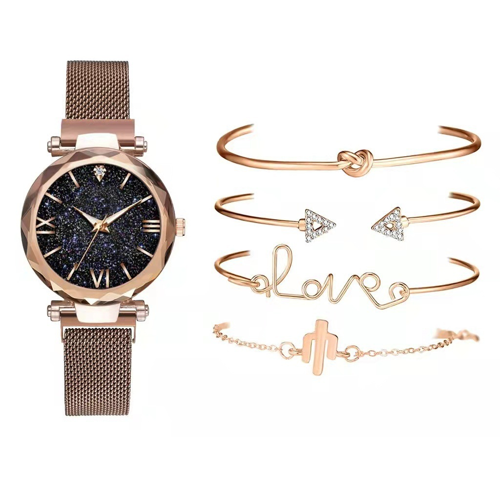 women's watch set of 5 elegant girls magnetic mesh strap design quartz watch
