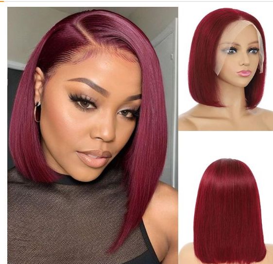 Ohemaa Strands Cuticle Aligned Virgin Human Hair Lace Front Wig, Raw Brazilian 5*1 Bobo Wig Human Hair, Short Colored Bob Wig For Women