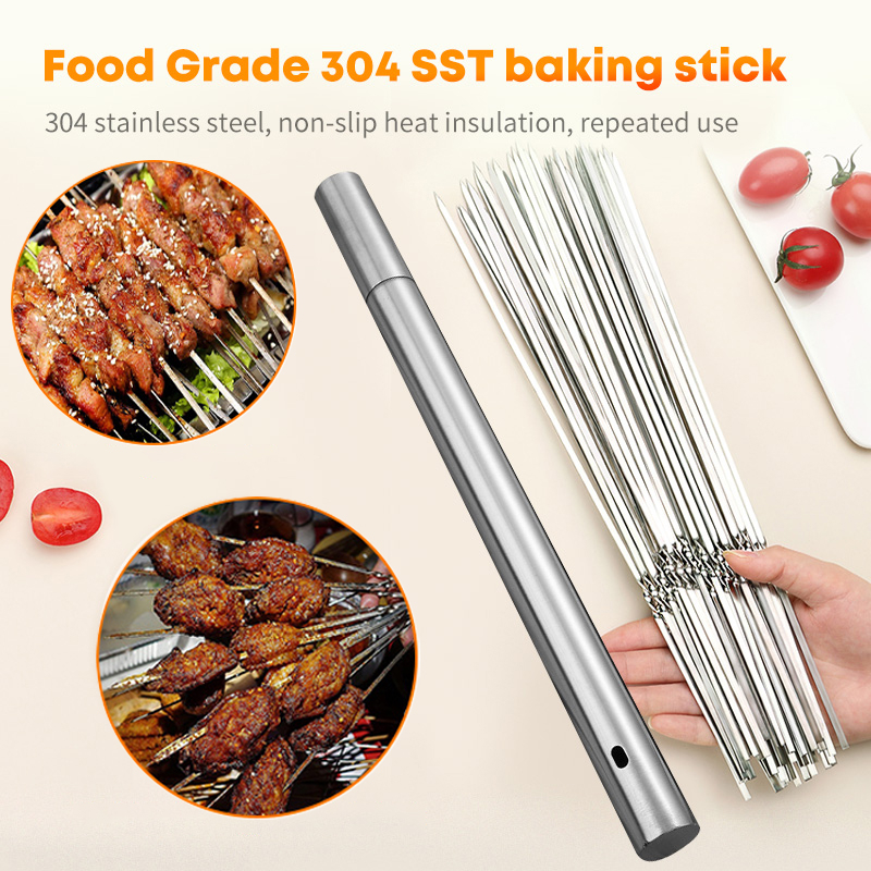Stainless Steel Barbecue Skewer Storage Tube Charcoal Grill Skewer Flat BBQ Fork Kitchen Outdoor Camping Accessories Utensils BBQ