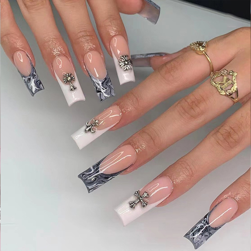 JP1598 24 Pcs Glossy Press on Nails, Super Long Coffin Black and white Smudge Crosses Decal Fake Nails, Full Cover Artificial False Nails for Women and Girls
