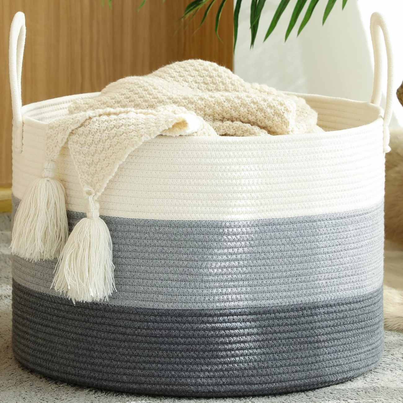 Large Blanket Basket,Woven Baskets for storage Baby Laundry Hamper, Cotton Rope Blanket Basket for Living Room, Laundry, Nursery, Pillows, Baby Toy chest