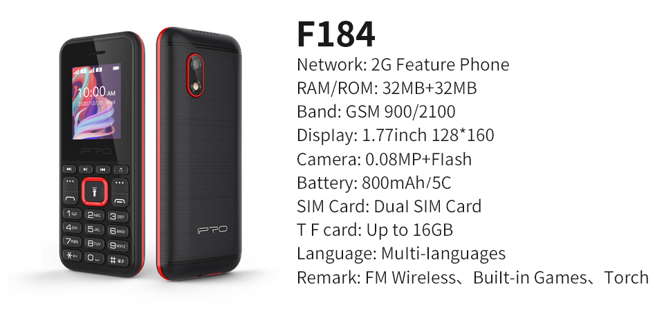 IPRO F184 1.77 Inch Multi Media Button Wireless FM 800mAh Battery Feature Bar Phone Mobile Phone Dual SIM Card  FM Torch  Cell Phone