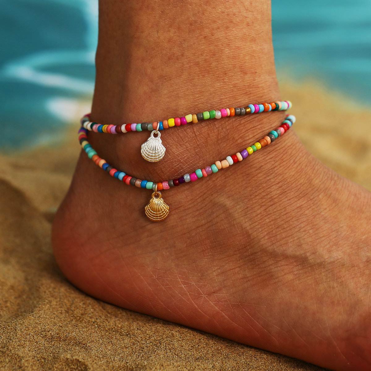 AK21Y0028 Fashion Boho Style Rainbow Beads Sea Shell Anklet Gold Silver Shell Colorful Beads Ankle Bracelet For Women