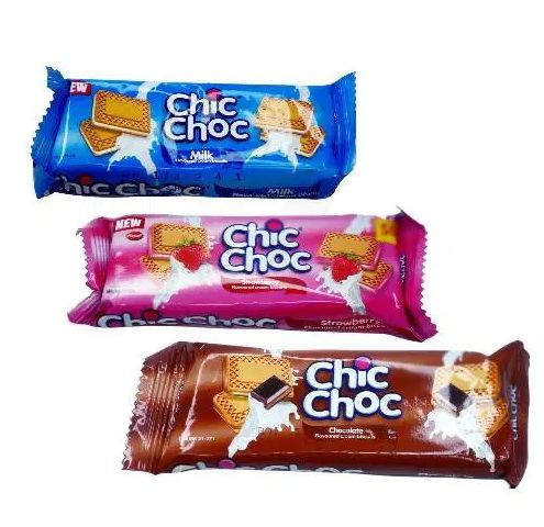 CHIC CHOC CHOCOLATE, MILK-FLAVOURED CREAM BISCUIT, STRAWBERRY 23g