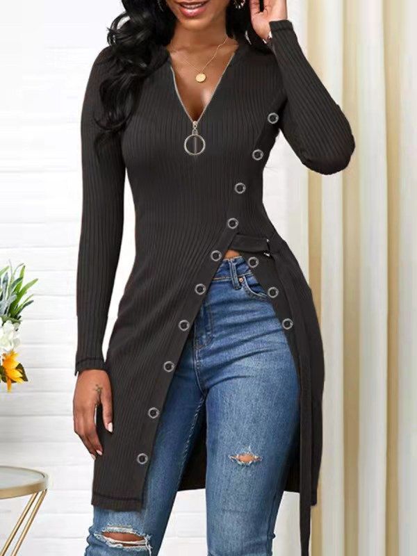 2025 Autumn winter Europe and the United States foreign trade women's V-neck long sleeve high slit thread zipper T-shirt top