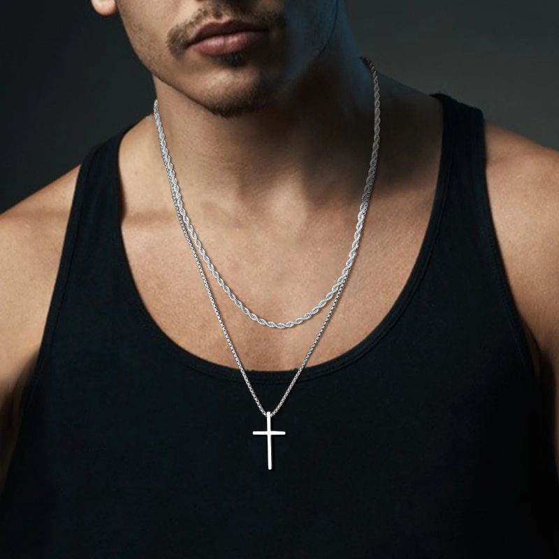 Multi layered cross necklace, men's hip-hop Cuban chain, titanium steel accessory collarbone chain free shipping Double layered cross