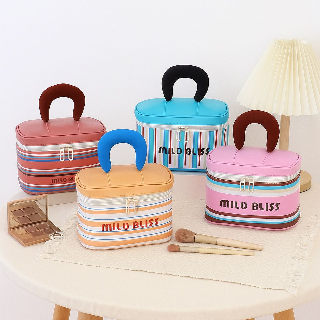Color Block Stripe Toiletry Bag, Large Capacity Travel Cosmetic Bag for Women, Portable Makeup Tools Storage Bag
