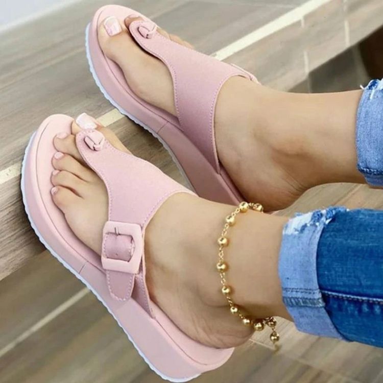 A179 Women's Summer New Beach Thick Sole Slippers Solid Color Wedge Slippers