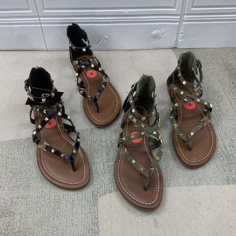 Women's and Girls Roma Sandals Square Studs Cross with Flat Zipper Sandals Flip-Flops Beach Shoes
