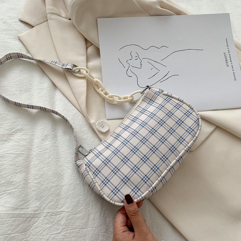 women's shoulder bag, vintage plaid underarm bag, chain strap, zipper, casual designer mini handbag, shoulder bag for girls