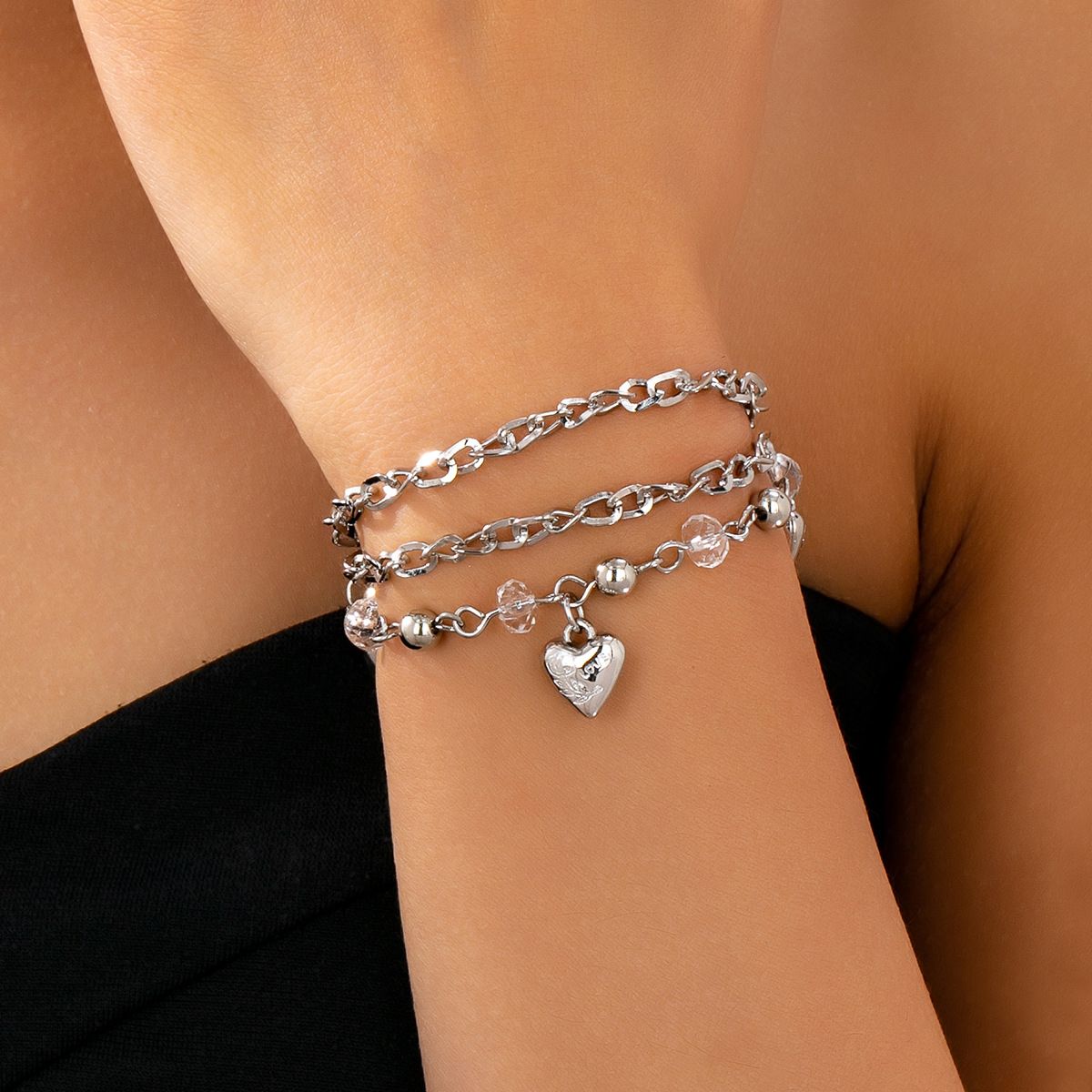Vintage Silver Tone Multi-Layer Chain Bracelet with Embossed Heart Charms & Clear Crystal Beads, Adjustable Extension, Edgy Romantic Stackable Jewelry for Women
