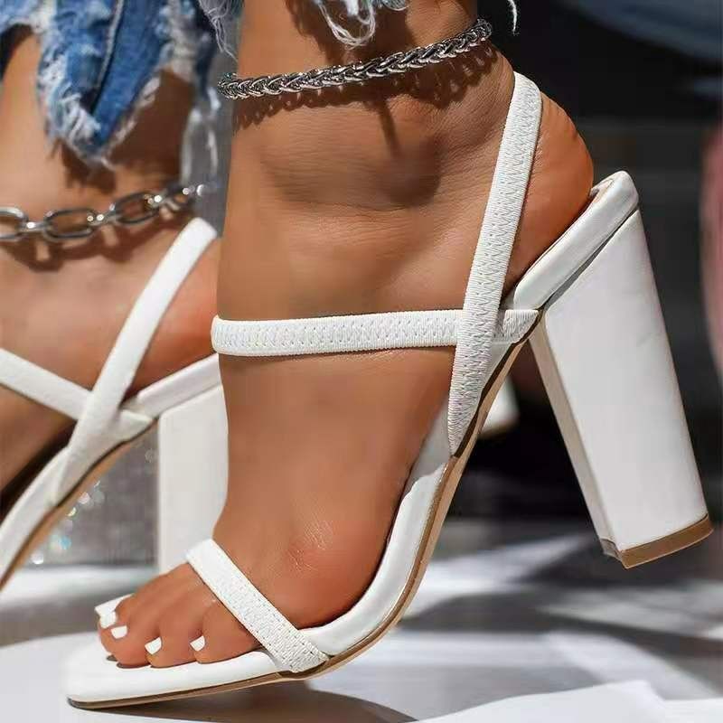 New High Heels, Chunky Heel Open-Toe Women's Sandals, Square-Toe Slip-On Sandals for Women, White, Size 37-42