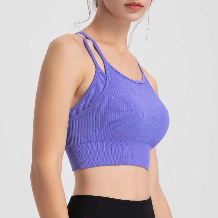 2025 new slim shoulder strap beauty back fake two-piece sports bra yoga fitness suit bra vest integrated
