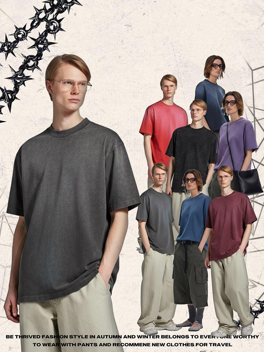 Men's Vintage Gradient Washed Short Sleeve T-Shirt Dark Style Heavyweight Crew Neck Casual Tee Tops