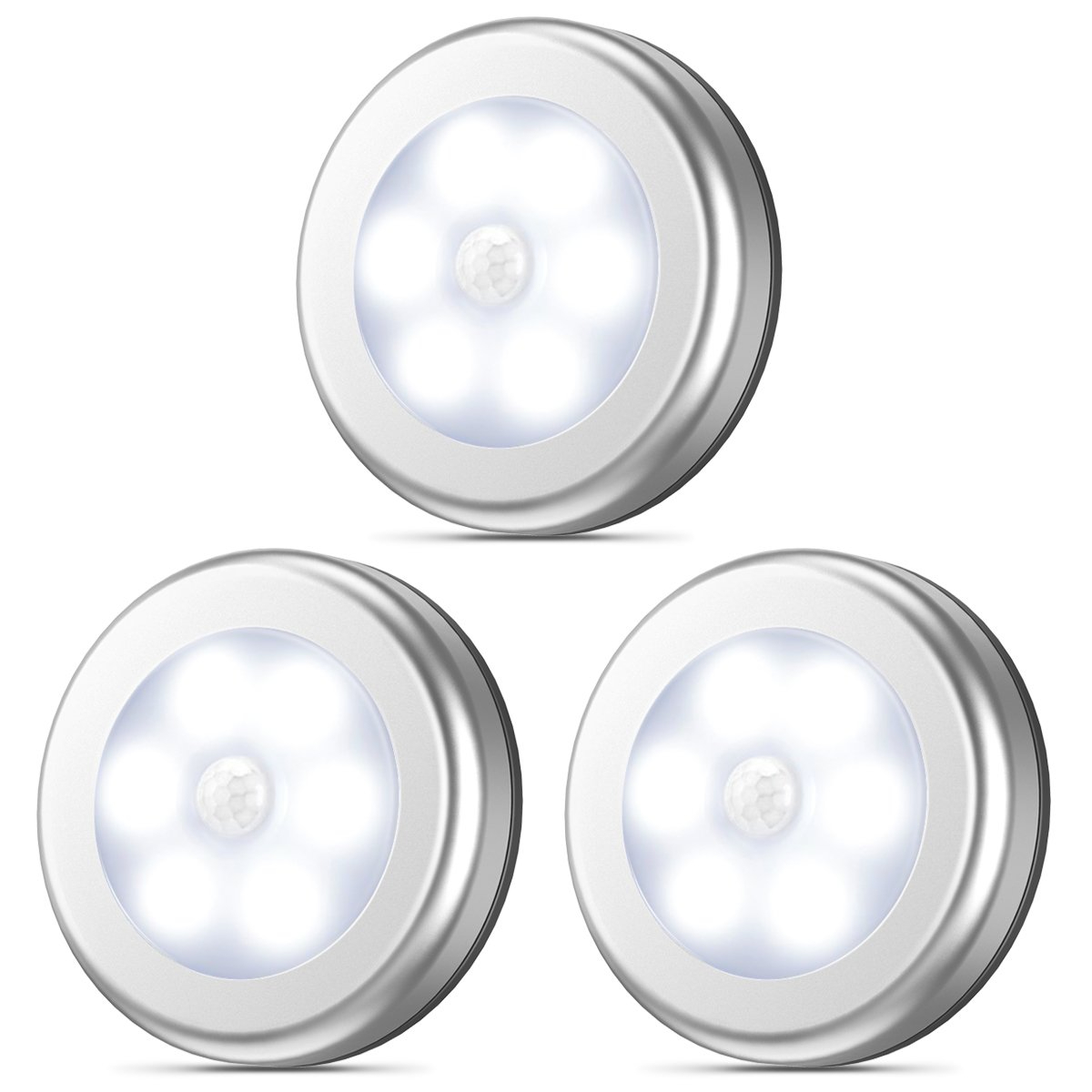 Motion Sensor Light, Stick-Anywhere Cordless Battery-Powered LED Night Light, Closet Lights，Stair Lights, Tap Lights, Safe Lights for Hallway, Bathroom, Bedroom, Kitchen (Silver/White - Pack of 3)