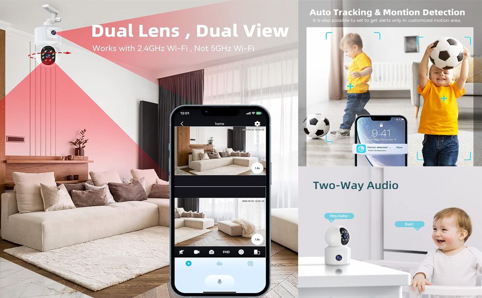 Indoor Pan/Tilt Smart Security Camera, 1080p HD Dog-Camera,2.4GHz with Night Vision,Motion Detection for Baby and Pet Monitor, Cloud & SD Card Storage, Works with Alexa& Google Home (EC70), White