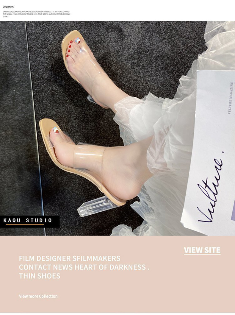 600 Women Summer 2021 Girl Sexy Clear  Round Heel Open Toe High Heel Slippers Shoes
