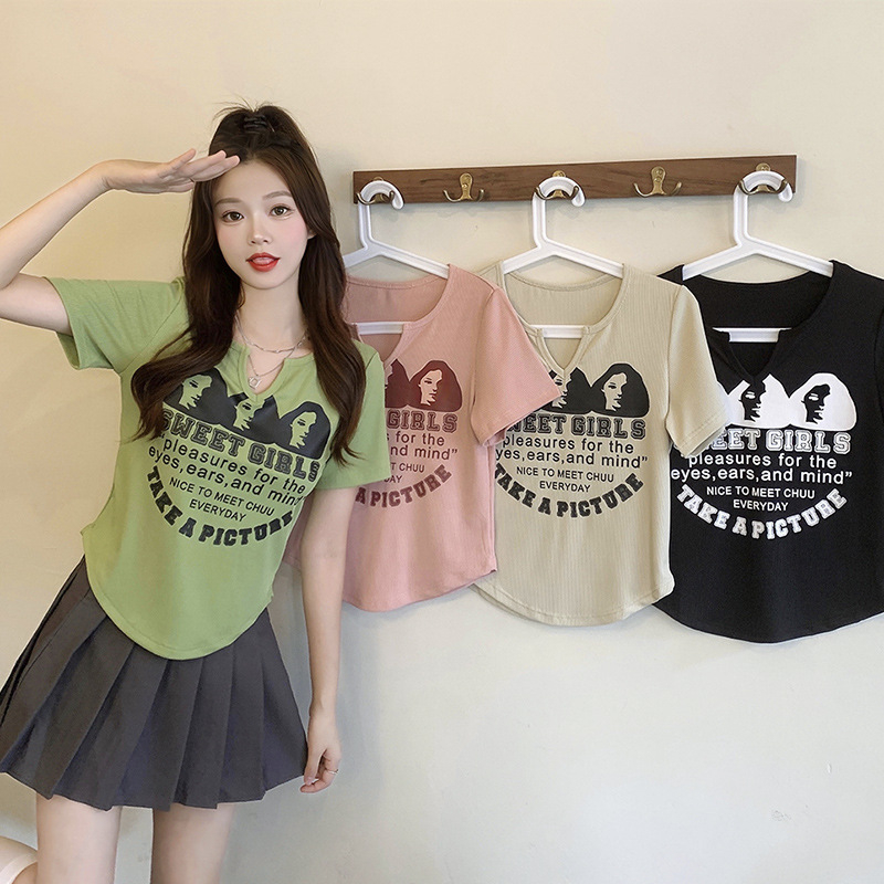 Women's T-shirt Pure Cotton High-Quality Chic Casual Shoulder Short-Sleeved T-Shirt Women's V-Neck Fashion Short Top
