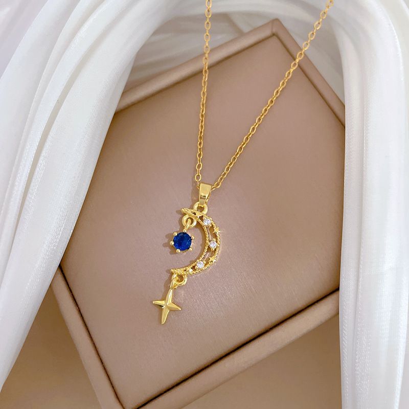 Luxury Crescent Moon Star Tassel Pendant Necklace for Women, Stainless Steel Adjustable Chain, Gold‑Plated Inlaid Blue & Clear Zircon Celestial Charm Clavicle Chain, Delicate Sparkling Fashion Jewelry Gift for Daily Dating Party Banquet Wear