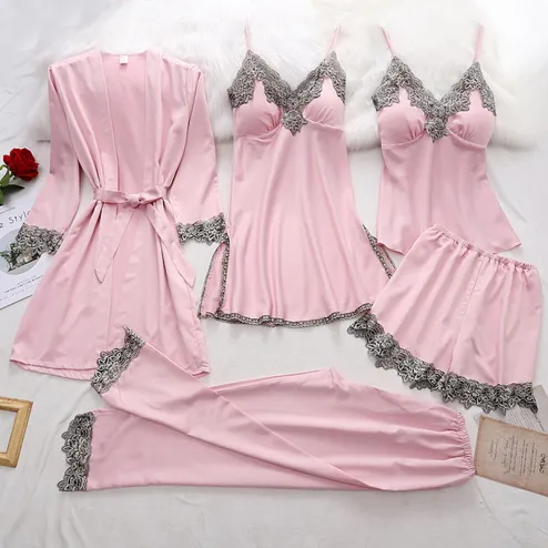 5PC Silk Robe Sleep Suit Womens Lace Satin Pajamas Gown Set V-Neck Nighties  Wear Pijama Home Nightwear 2022 Spring Nightdress