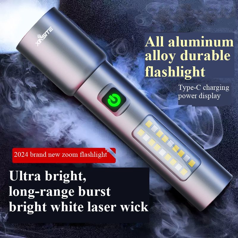  Multifunctional LED White Laser Flashlight, Rechargeable Aluminum Alloy Telescopic Zoom, Silver Dragon Torch for Outdoor Emergency Home Use