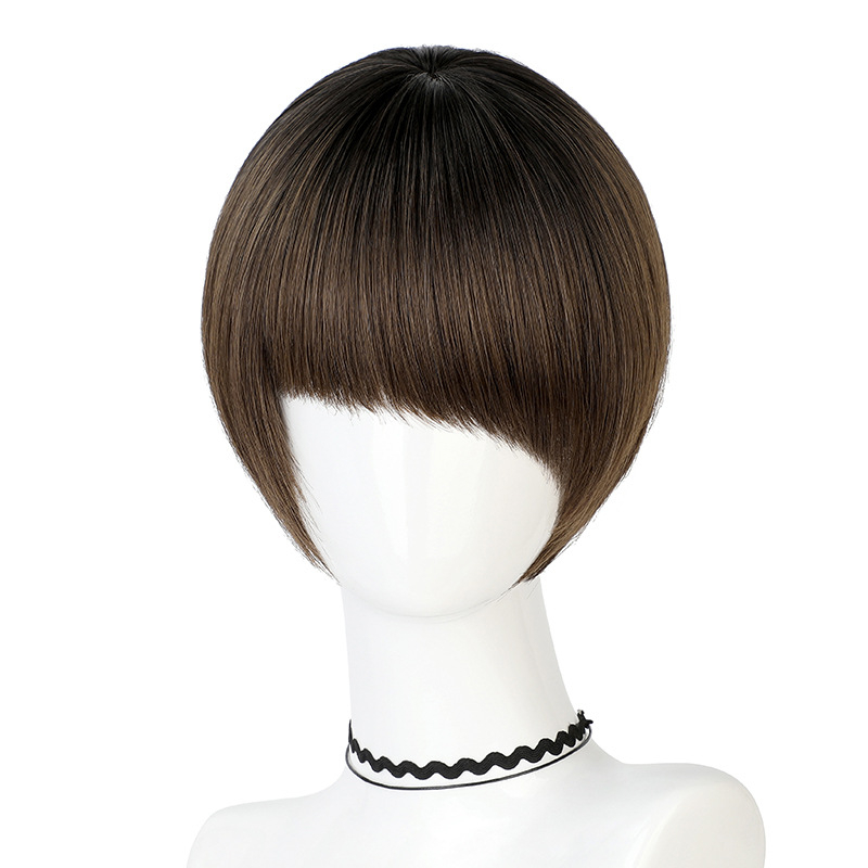 C002 Fashion Girl Natural Short Straight Wigs Black Gradient Diagonal Bangs Wigs Full Head Set with Hair Cap