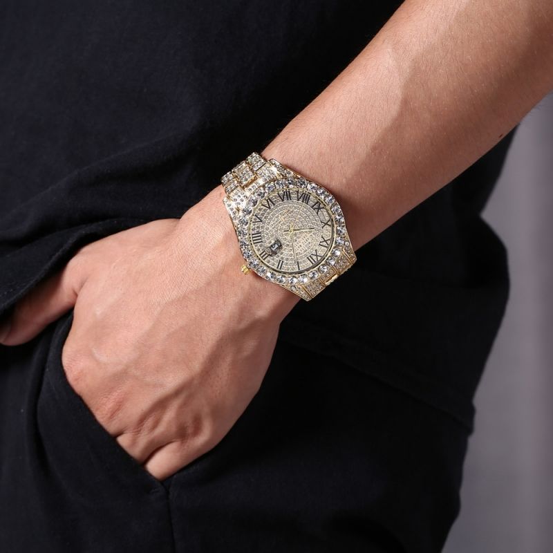 Diamond studded men's watch, gold filled with diamonds, calendar quartz watch CRRSHOP free shipping Wrist Watch Father's Day Gift