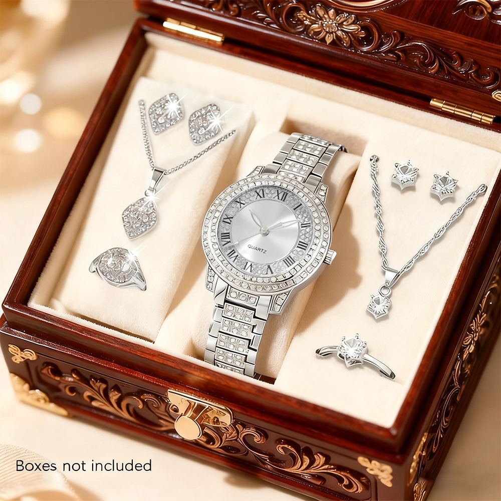 Women Rhinestone Inlaid Quartz Wrist Watch & Pendant Necklace Jewelry Set, Elegant Digital Dial Ladies Quartz Watch Bling Crystal Dress Wristwatch, Fashion Matching Necklace Watch Suit for Daily Wedding Party Gift for Women Girls