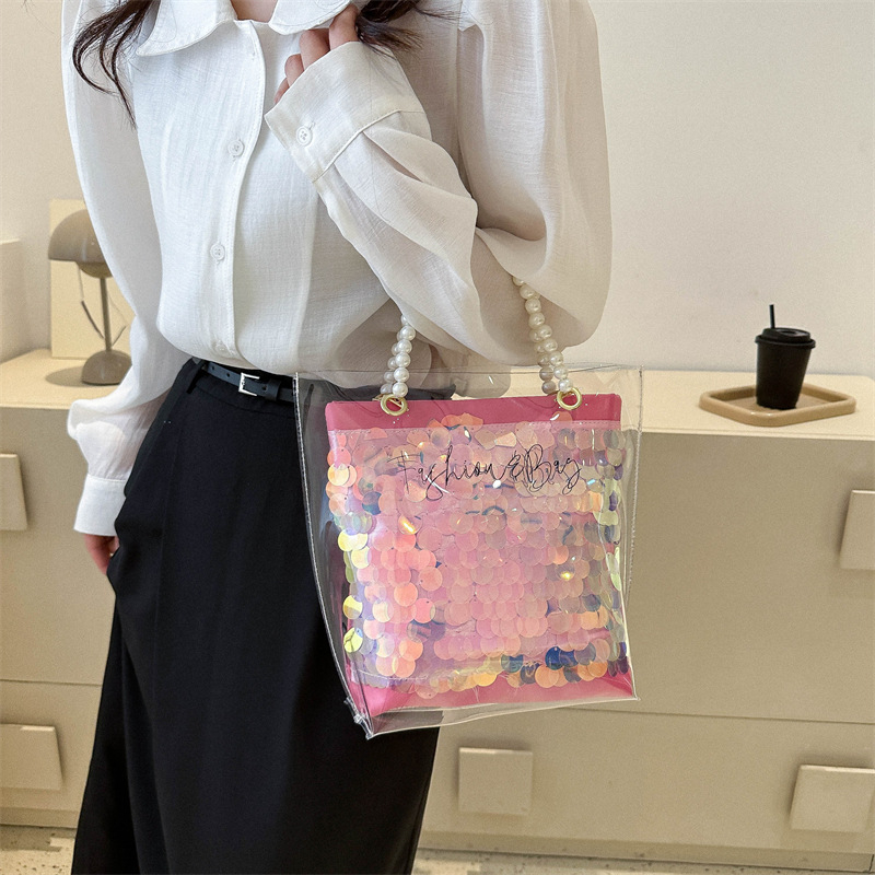 2024 New Transparent Laser Jelly Bag Shoulder PVC Pearl Tote Bag Fashion Shopping Bag