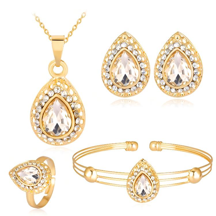 Huadeer Women 4 pieces Jewelry Set Waterdrop Crystal Stone Earrings Pendant Necklace Ring Bracelet Golden Chain Party Jewelry Set