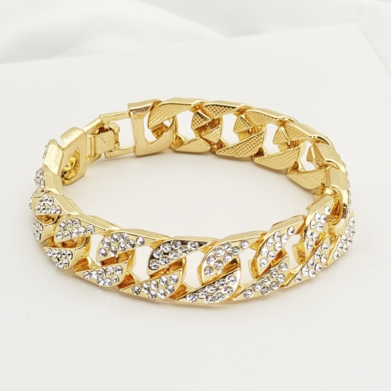 A031 12mm Bold Cuban Chain Bracelets for Men,Full Iced Out Rhinestones Links, Bling Crystal Curb Chain Punk Hiphop Bracelet