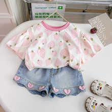 Girls short-sleeved tops and shorts suits summer 2024 new stylish jeans two-piece suits children's Korean summer clothes
