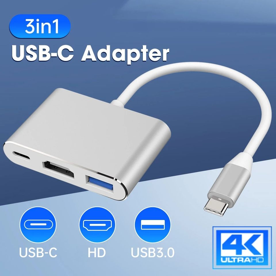 3 In 1 USB Type C To HD Adapter USB 3.0 4K HDTV Switch Output Type-c Charging Port 