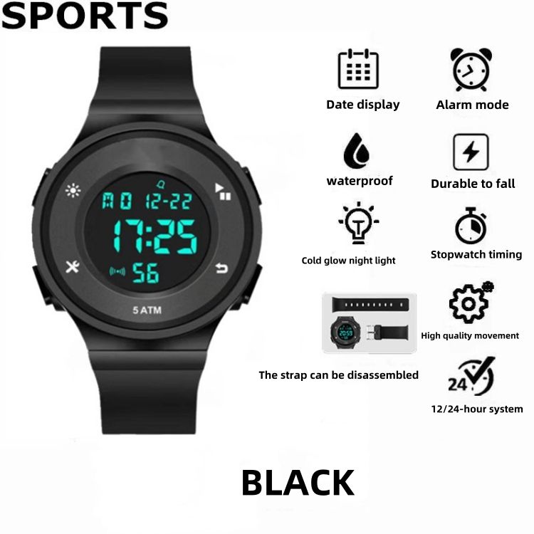 Wrist Watch Waterproof luminous electronic watch Multi functional sports watch CRRSHOP men women Trendy and minimalist watch waterproof Durable to fall Date display Stopwatch timing Alarm mode black